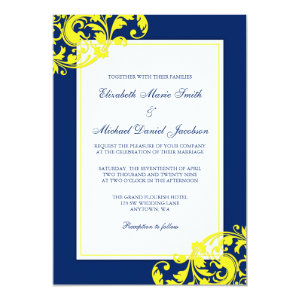 Navy Blue and Yellow Flourish Swirls Wedding 5x7 Paper Invitation Card