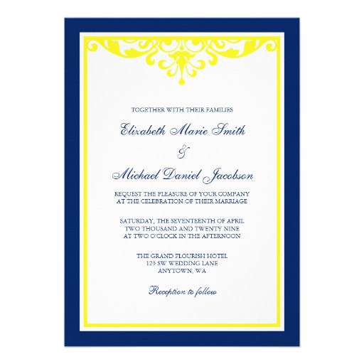 Navy Blue and Yellow Flourish Wedding Invitation