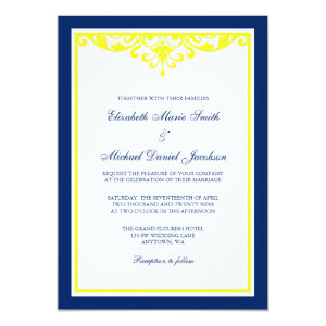 Navy Blue and Yellow Flourish Wedding Invitation 5