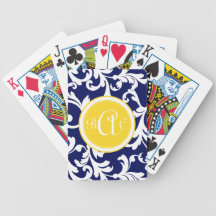 Navy Blue and Yellow Monogrammed Damask Print Card Deck
