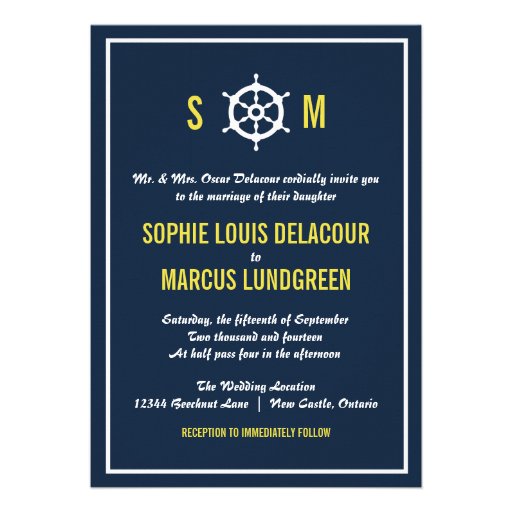 Navy Blue and Yellow Nautical Wedding Invitation