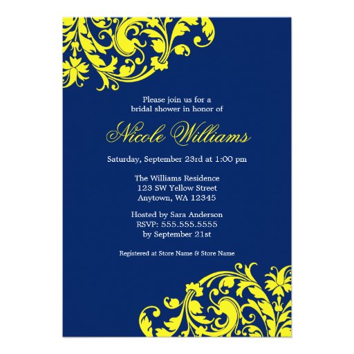 Navy Blue and Yellow Swirl Flourish Bridal Shower Invite