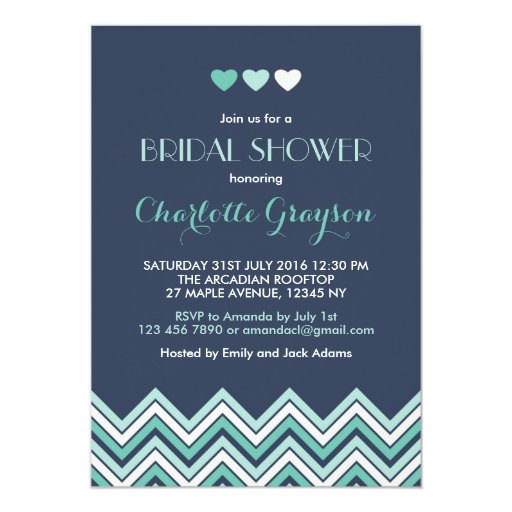 Navy Blue Aqua Chevron Bridal Shower Invitation (front side)