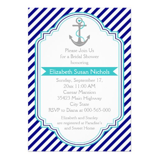 Navy blue, aqua nautical wedding bridal shower invite