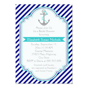 Navy blue, aqua nautical wedding bridal shower 5x7 paper invitation card