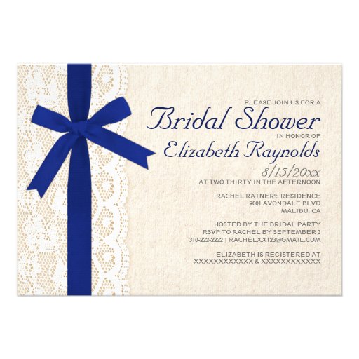 Navy Blue Bow & Lace Bridal Shower Invitations