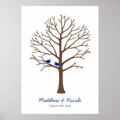 Navy Blue Brown Birds Fingerprint Tree Wedding