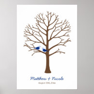 Navy Blue Brown Birds Fingerprint Tree Wedding Posters