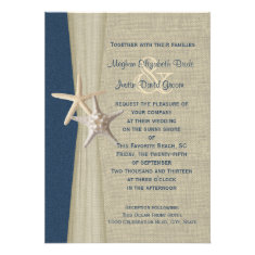 Navy Blue Burlap and Starfish Beach Wedding Card