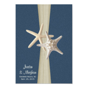 Navy Blue Burlap and Starfish Beach Wedding 5x7 Paper Invitation Card
