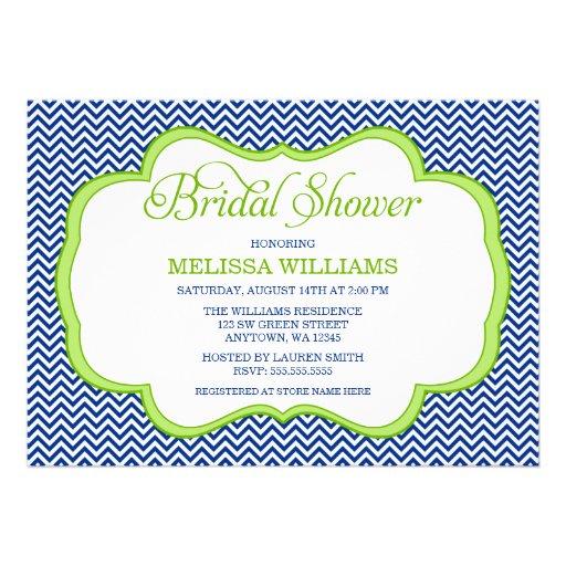 Navy Blue Chevron Green Frame Bridal Shower Personalized Announcements