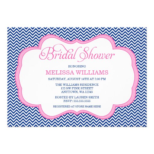 Navy Blue Chevron Pink Frame Bridal Shower Custom Invitation