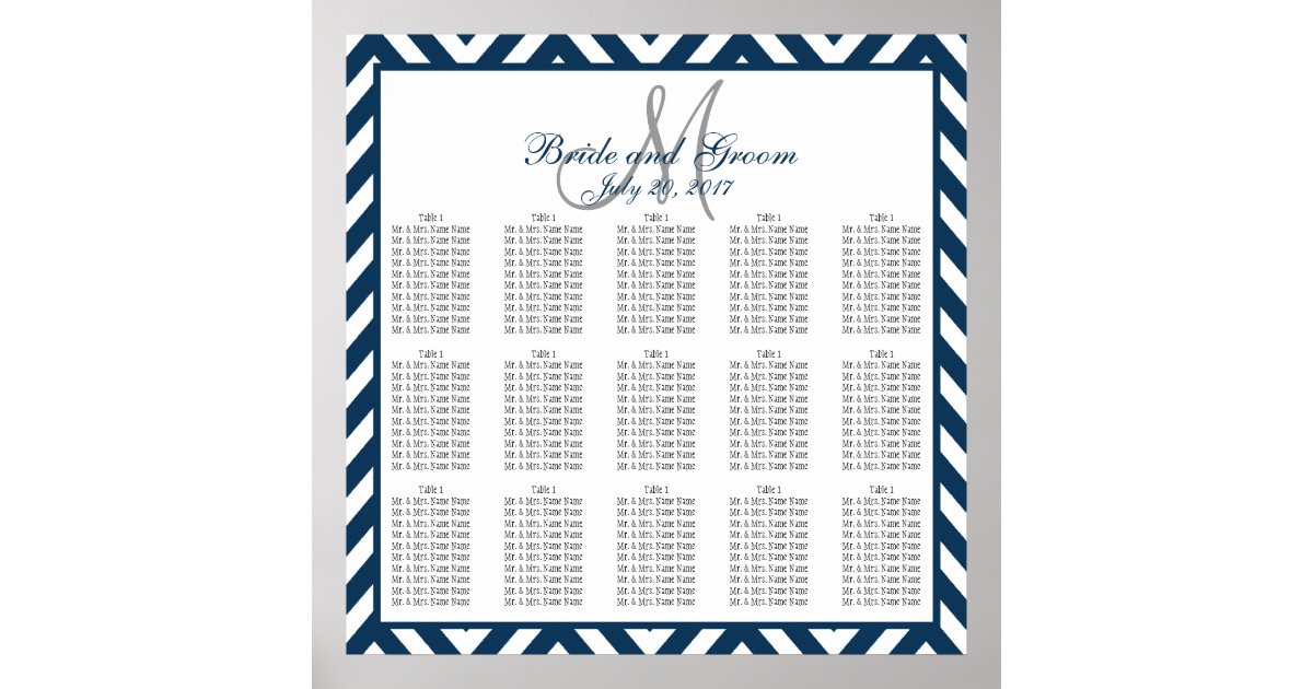 navy blue chevron wedding seating chart 150 poster zazzle wedding seating chart zazzle