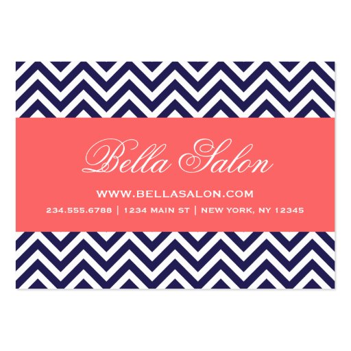 Navy Blue & Coral Modern Chevron Stripes Business Cards (front side)