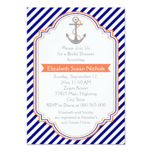 Navy blue, coral nautical wedding bridal shower 5x7 paper invitation card