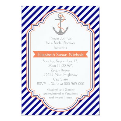 Navy blue, coral nautical wedding bridal shower invites