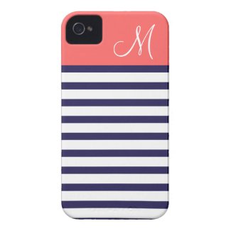 Navy Blue & Coral Preppy Stripes Custom Monogram Case-Mate iPhone 4 Cases