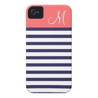 Navy Blue & Coral Preppy Stripes Custom Monogram Case-Mate iPhone 4 Cases