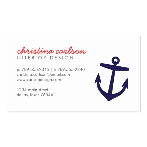 Navy Blue Cute Nautical Anchor & Stripes Business Card Template (front side)