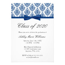 Navy Blue Damask Bow Graduation Announcement