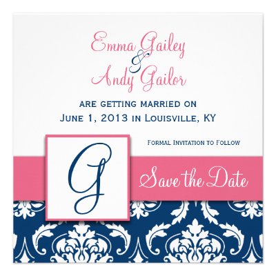 Navy Blue Damask Monogram G Save the Date Pink Personalized Invitation