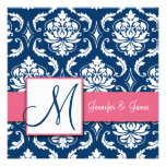 Navy Blue Damask Monogram Invitation Honeysuckle