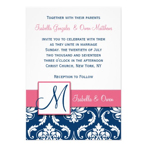 Navy Blue Damask Monogram Invitation Pink