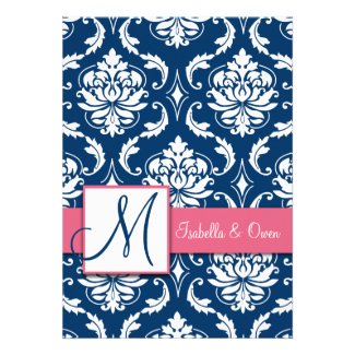Pink Navy Blue Wedding Invitations with Damask and Monogram by MonogramGallery.ca