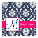 Navy Blue Damask Monogram Invitations Hot Pink
