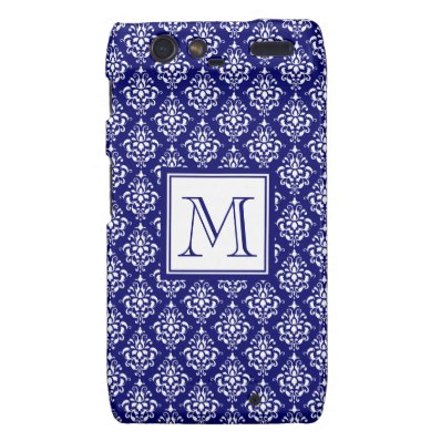 Navy Blue Damask Pattern 1 with Monogram Motorola Droid RAZR Case