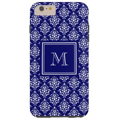 Navy Blue Damask Pattern 1 with Monogram Tough iPhone 6 Plus Case