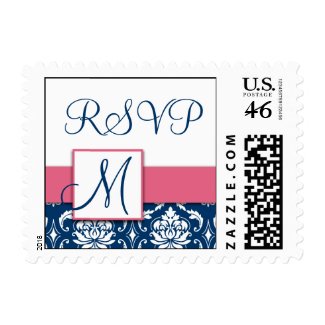 Pink Navy Blue Wedding RSVP Postage Stamps with Damask and Monogram by MonogramGallery.ca