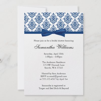Navy Blue Damask Ribbon Bow Bridal Shower Announcement by augustafternoon