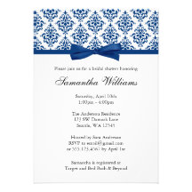 Navy Blue Damask Ribbon Bow Bridal Shower Announcement