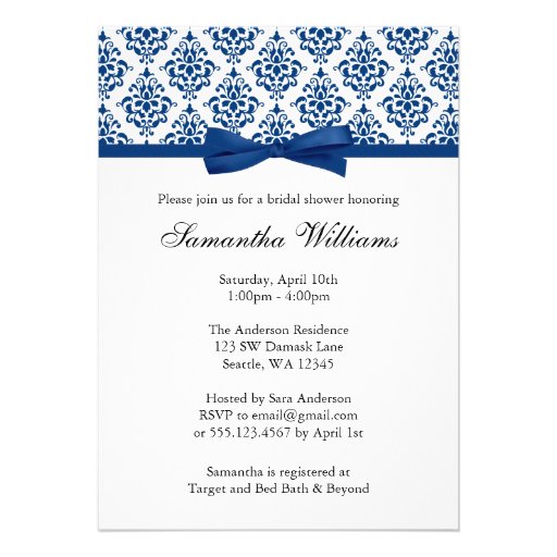 Navy Blue Damask Ribbon Bow Bridal Shower Announcement