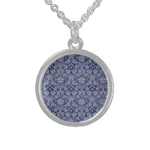 Navy Blue Damask Sterling Silver Necklaces
