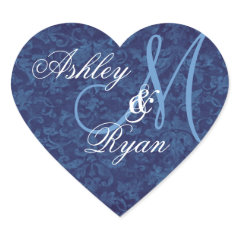 Navy Blue Damask Wedding Custom Monogram Heart Heart Stickers