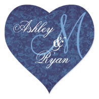 Navy Blue Damask Wedding Custom Monogram Heart Heart Stickers
