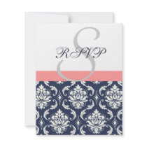 Navy Blue Damask Wedding RSVP Cards Coral Invite