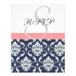 Navy Blue Damask Wedding RSVP Cards Coral Invite