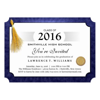 Navy Blue Diploma With Gold Tassel Graduation 5x7 Paper Invitation Card by juliea2010 at Zazzle