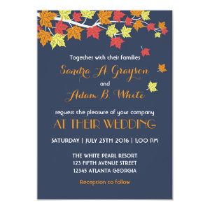 Navy Blue Falling Maple Leaves Wedding Invitation 5