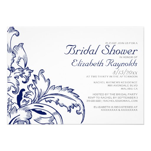 Navy Blue Flourish Bridal Shower Invitations