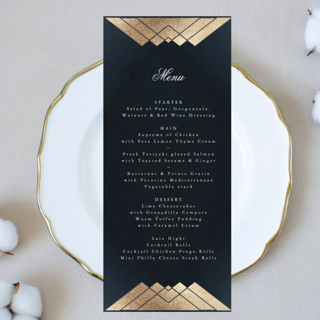 Navy Blue Geometric Gold Gatsby Wedding Menu Zazzle