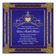 Navy Blue Gold and Tiara Sweet 15 Quinceanera Custom Invitation