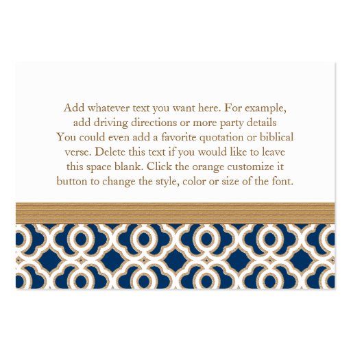 Navy Blue Gold Moroccan Reception Enclosure Card Business Card Templates (back side)