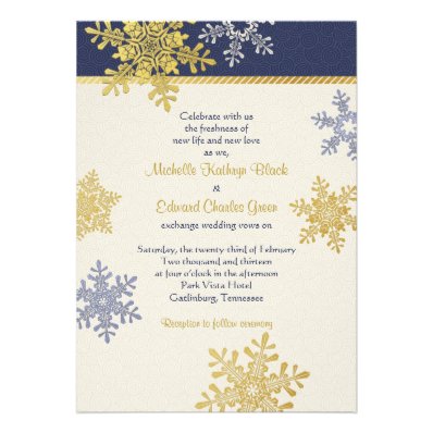 Navy Blue Gold Snowflake Winter Wedding Invitation
