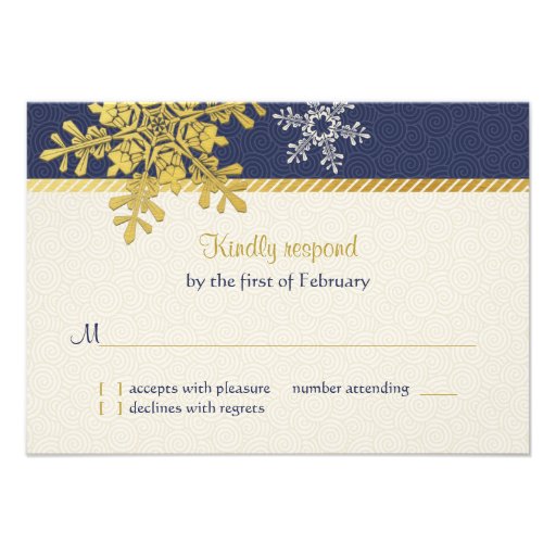 Navy Blue Gold Snowflake Winter Wedding Reply Card