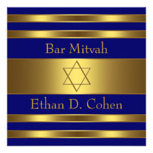 Navy Blue Gold Star of David Bar Mitzvah Invite