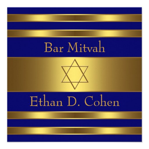 Navy Blue Gold Star of David Bar Mitzvah Invite (front side)